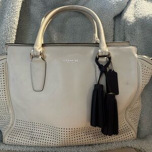 COACH Perforation Leather Candace Carryall Tote Bag Purse w/dark purple tassels